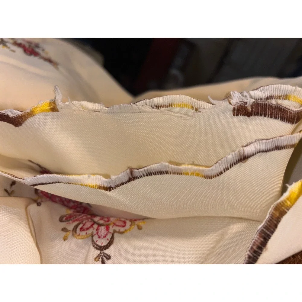 Vintage Cream Square Tablecloth Red Gold Floral Embroidery Scalloped Edge Decor
